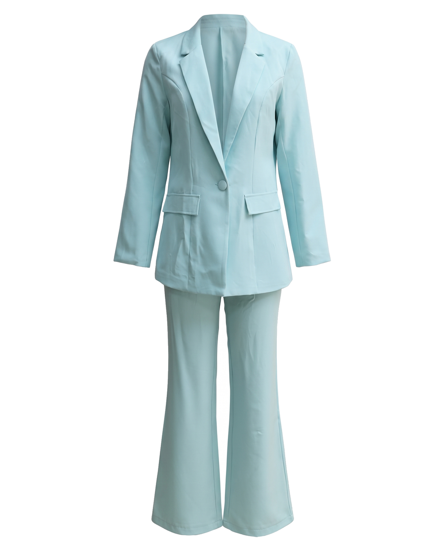 Cornelia light blue one button blazer and wide leg trouser set, front view