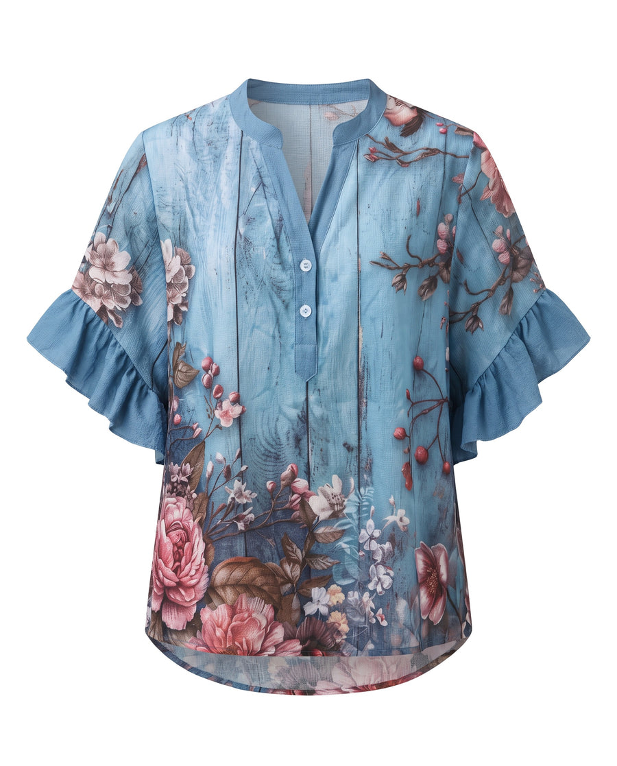 Floral Blue ruffle sleeve blouse with mandarin collar, front view
