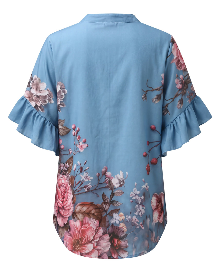 Ruffle sleeve blouse back view with curved high low hem