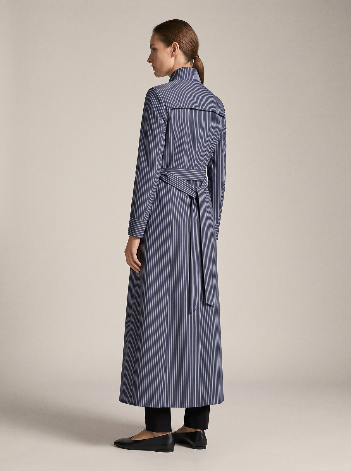 Sabine | Women's Pinstripe Tailored Maxi Trench Coat back