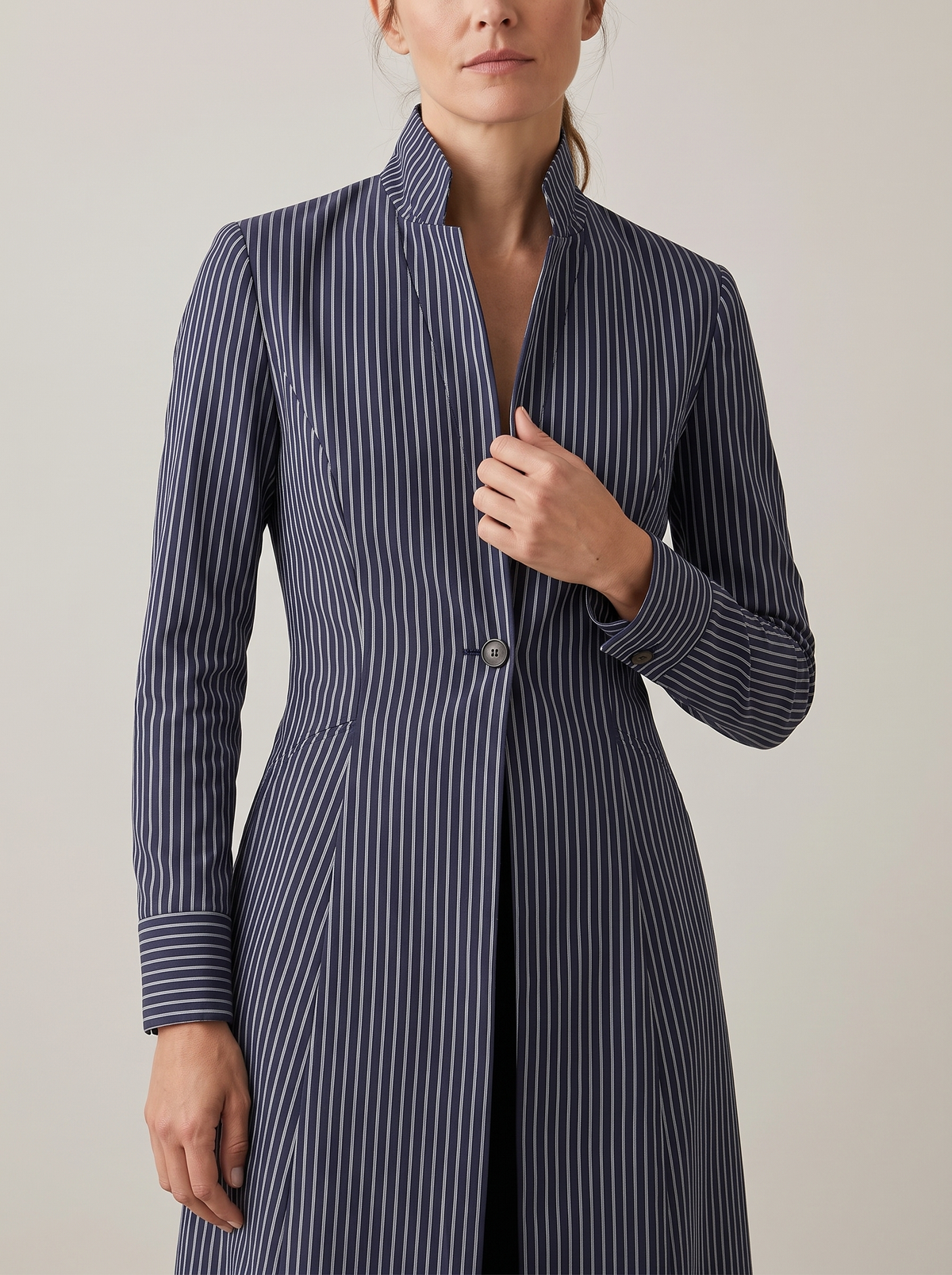 Sabine | Women's Pinstripe Tailored Maxi Trench Coat detail
