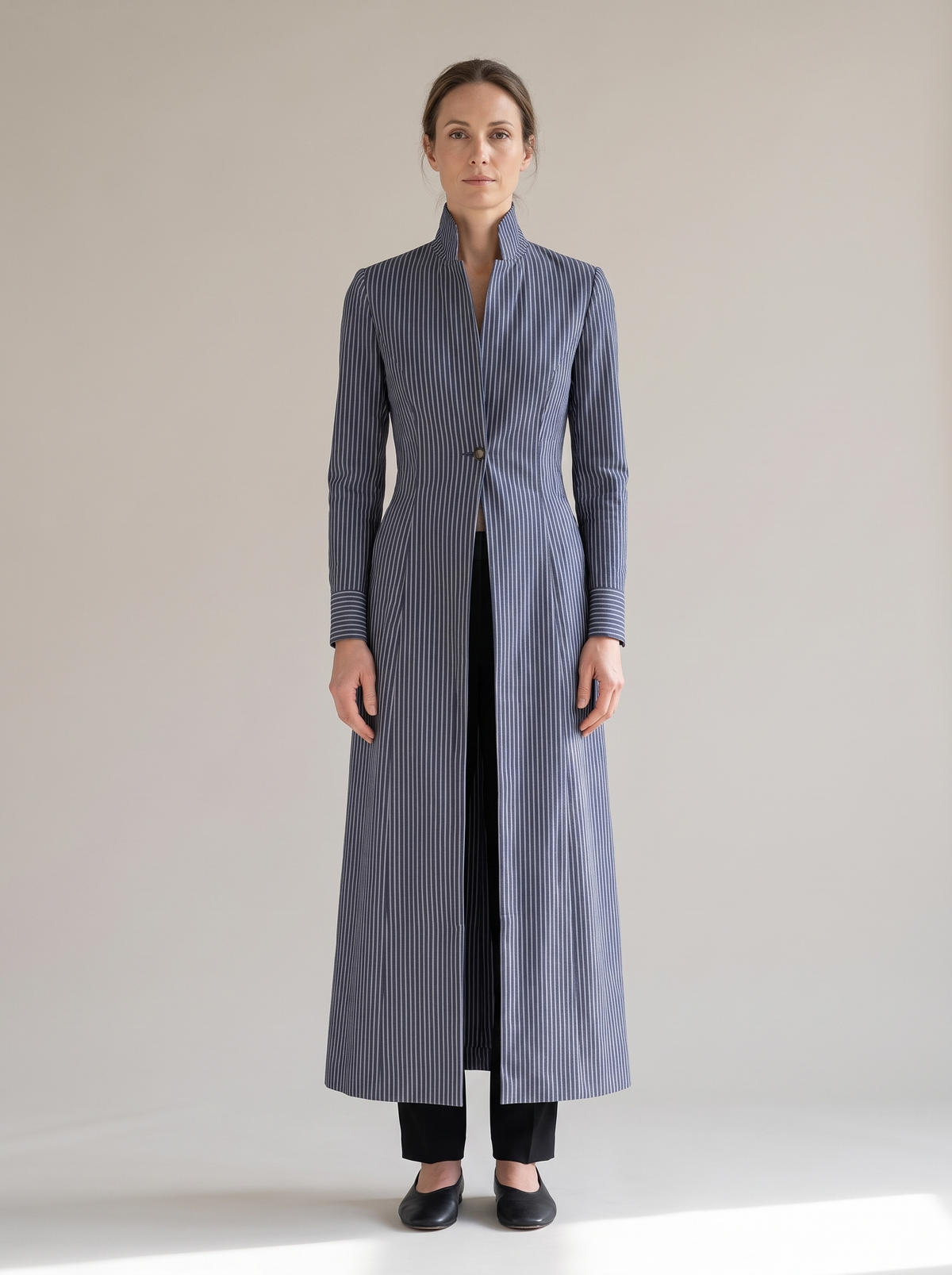 Sabine | Women's Pinstripe Tailored Maxi Trench Coat front