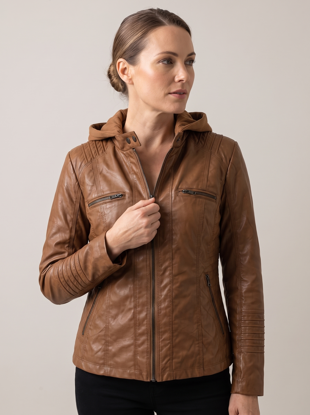 Alba-Carmen | Women's Hooded Faux Leather Biker Jacket detail