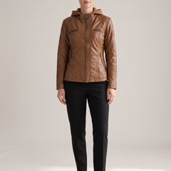 Alba-Carmen | Women's Hooded Faux Leather Biker Jacket front