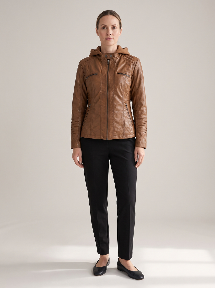 Alba-Carmen | Women's Hooded Faux Leather Biker Jacket front