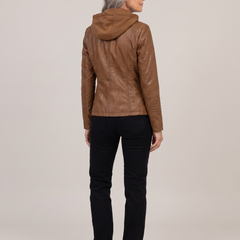 Alba-Carmen | Women's Hooded Faux Leather Biker Jacket back