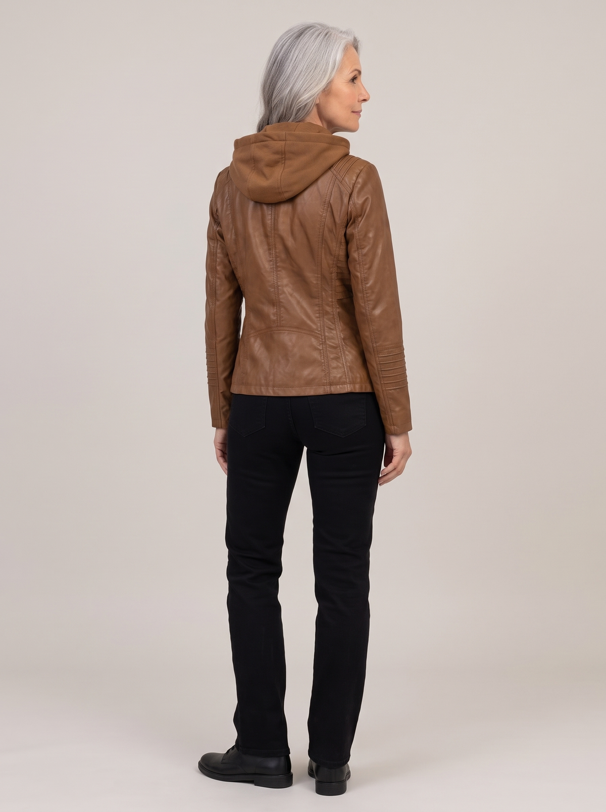 Alba-Carmen | Women's Hooded Faux Leather Biker Jacket back