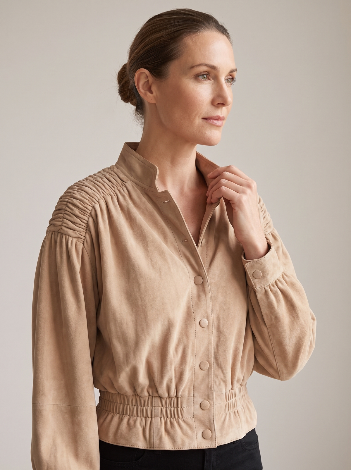 Maureen | Women's Apricot Suede Cropped Jacket detail