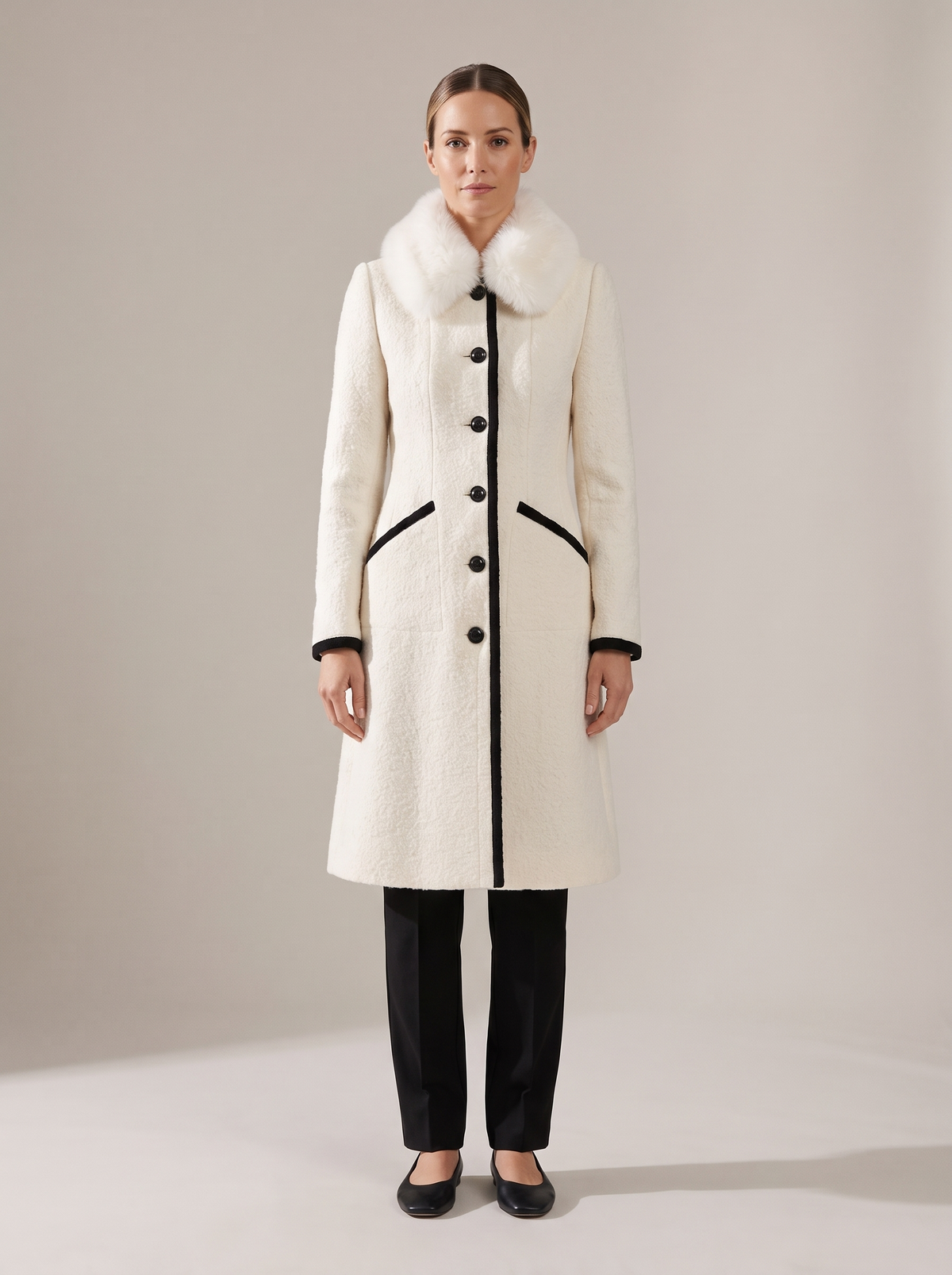 Maureen-Cordelia | Women's Faux Fur Scarf Contrast-Trim Wool Coat front