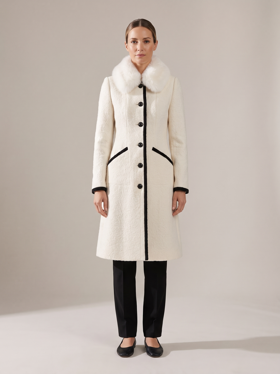 Maureen-Cordelia | Women's Faux Fur Scarf Contrast-Trim Wool Coat front