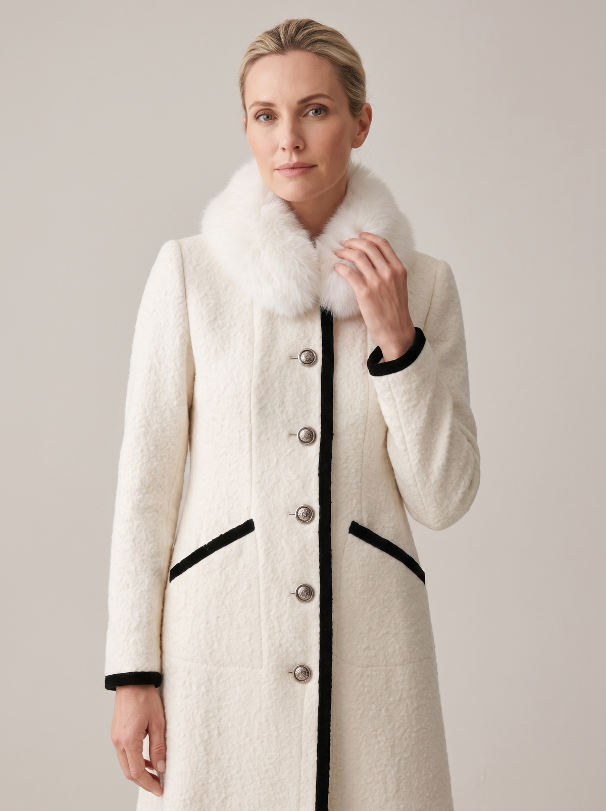 Maureen-Cordelia | Women's Faux Fur Scarf Contrast-Trim Wool Coat detail