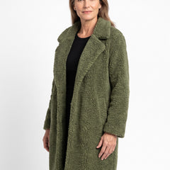 Alba Women's Longline Notch-Collar Teddy Coat in olive green worn by a model