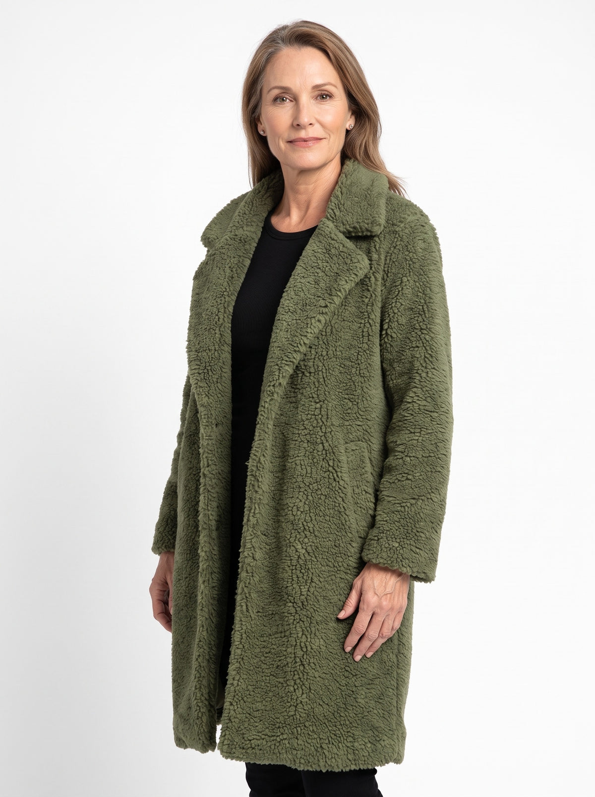 Alba Women's Longline Notch-Collar Teddy Coat in olive green worn by a model