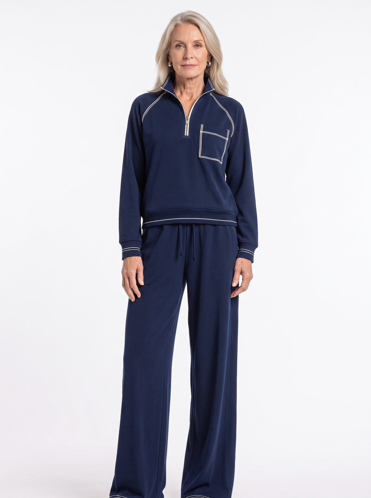 Bridget half-zip sweatshirt and wide-leg pants set worn by model