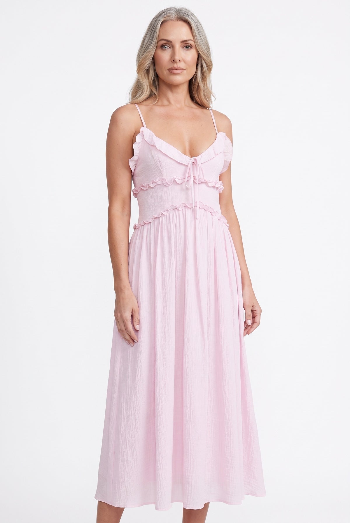 Ivy Women's Ruffled Sweetheart Midi Dress worn by a model