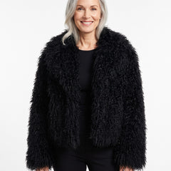 Vera Women's Cropped Teddy-Texture Coat in black worn by a model