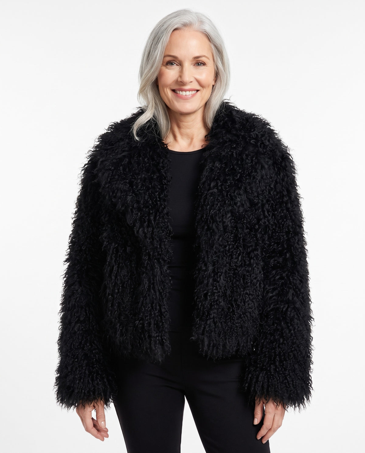 Vera Women's Cropped Teddy-Texture Coat in black worn by a model