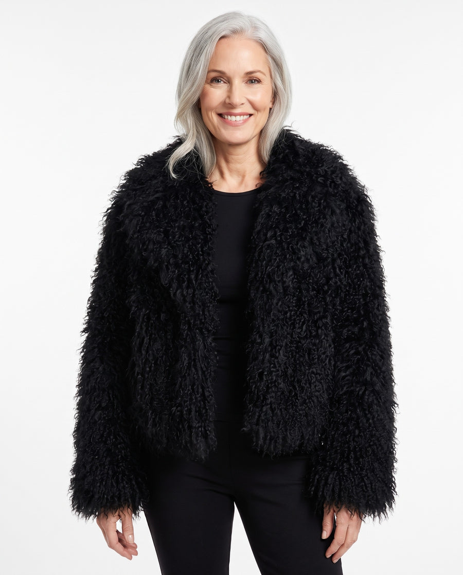 Vera Women's Cropped Teddy-Texture Coat in black worn by a model