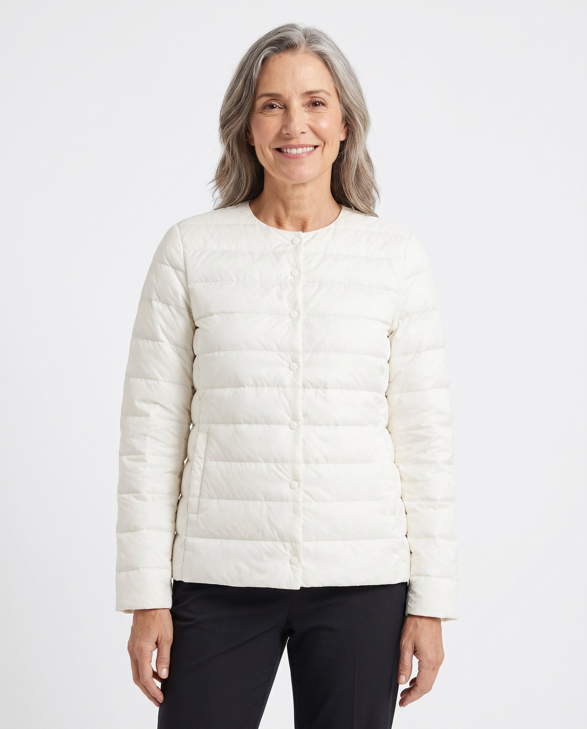 Roberta Women's Quilted Puffer Jacket in white, worn by a model
