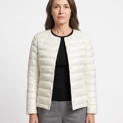 Verna Women's Quilted Puffer Jacket worn by model, white, studio shot