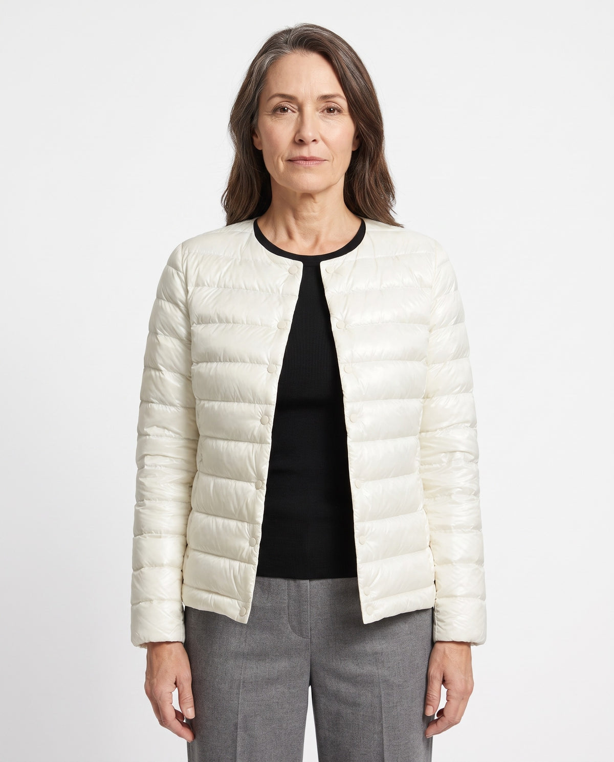 Verna Women's Quilted Puffer Jacket worn by model, white, studio shot