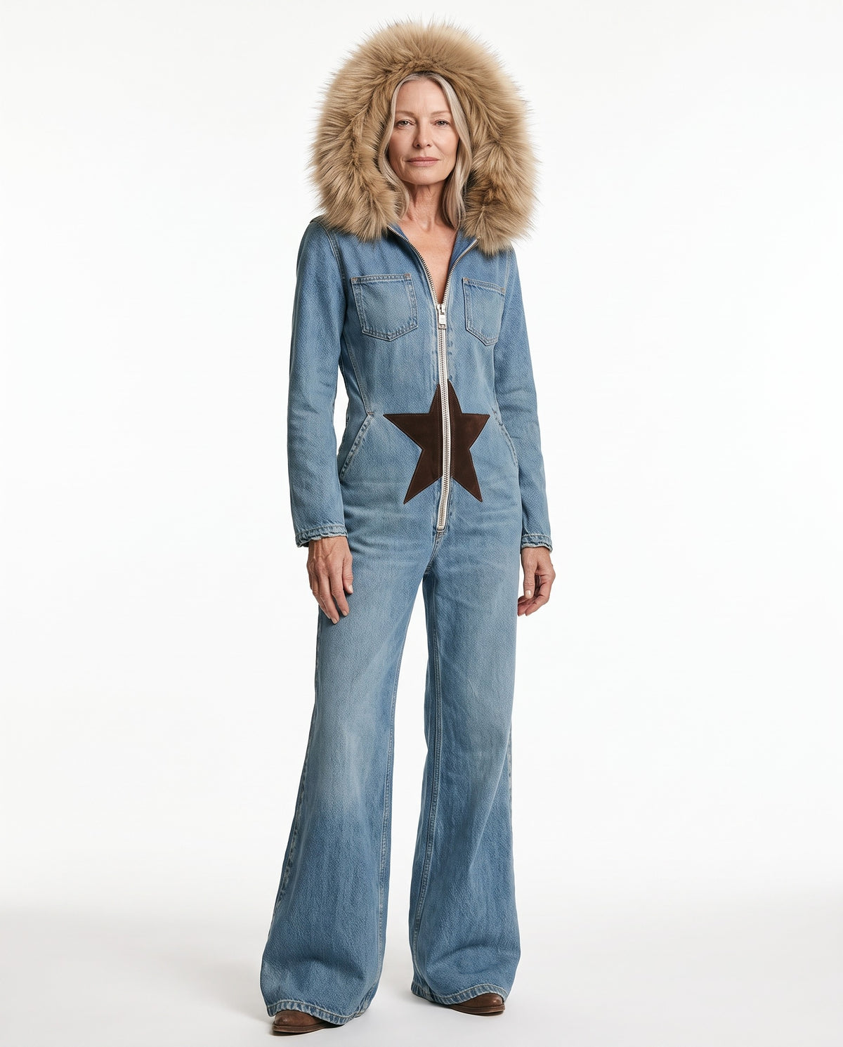 Evelina | Women's Hooded Wide-Leg Denim Jumpsuit