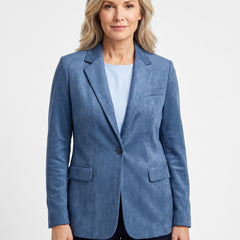 Nella Women's Knit Blazer in steel blue, worn by a model, front view