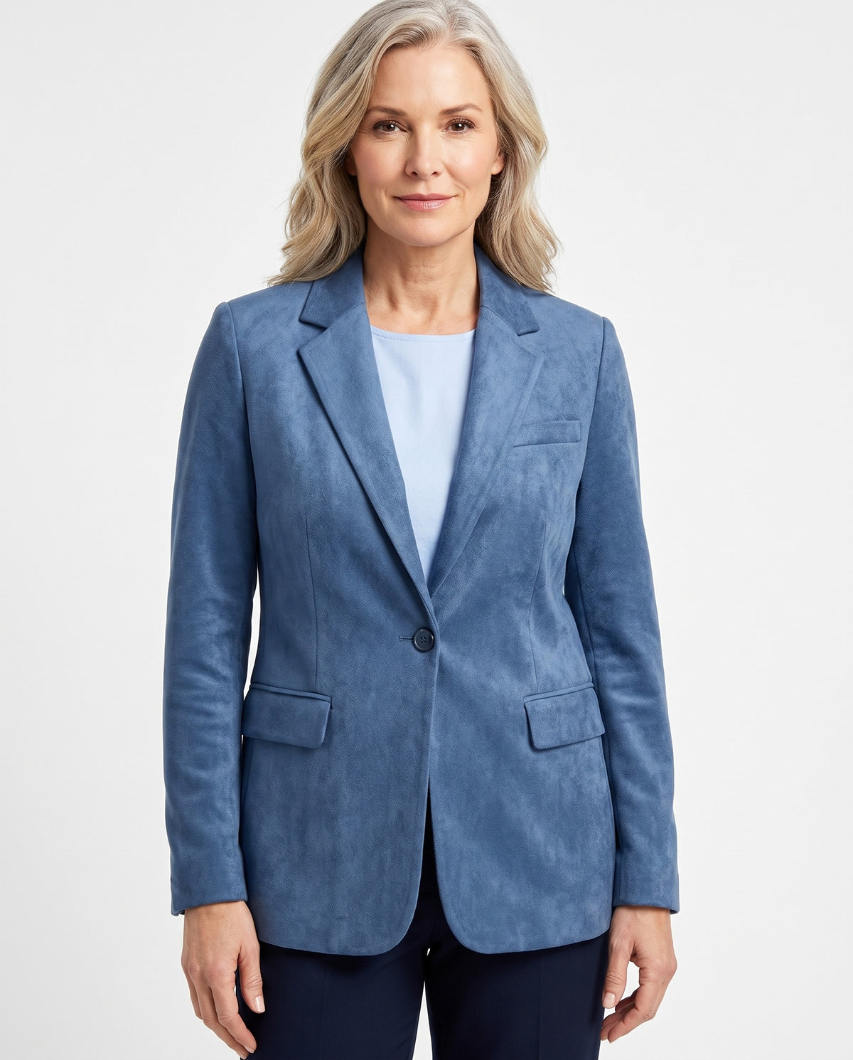 Nella Women's Knit Blazer in steel blue, worn by a model, front view