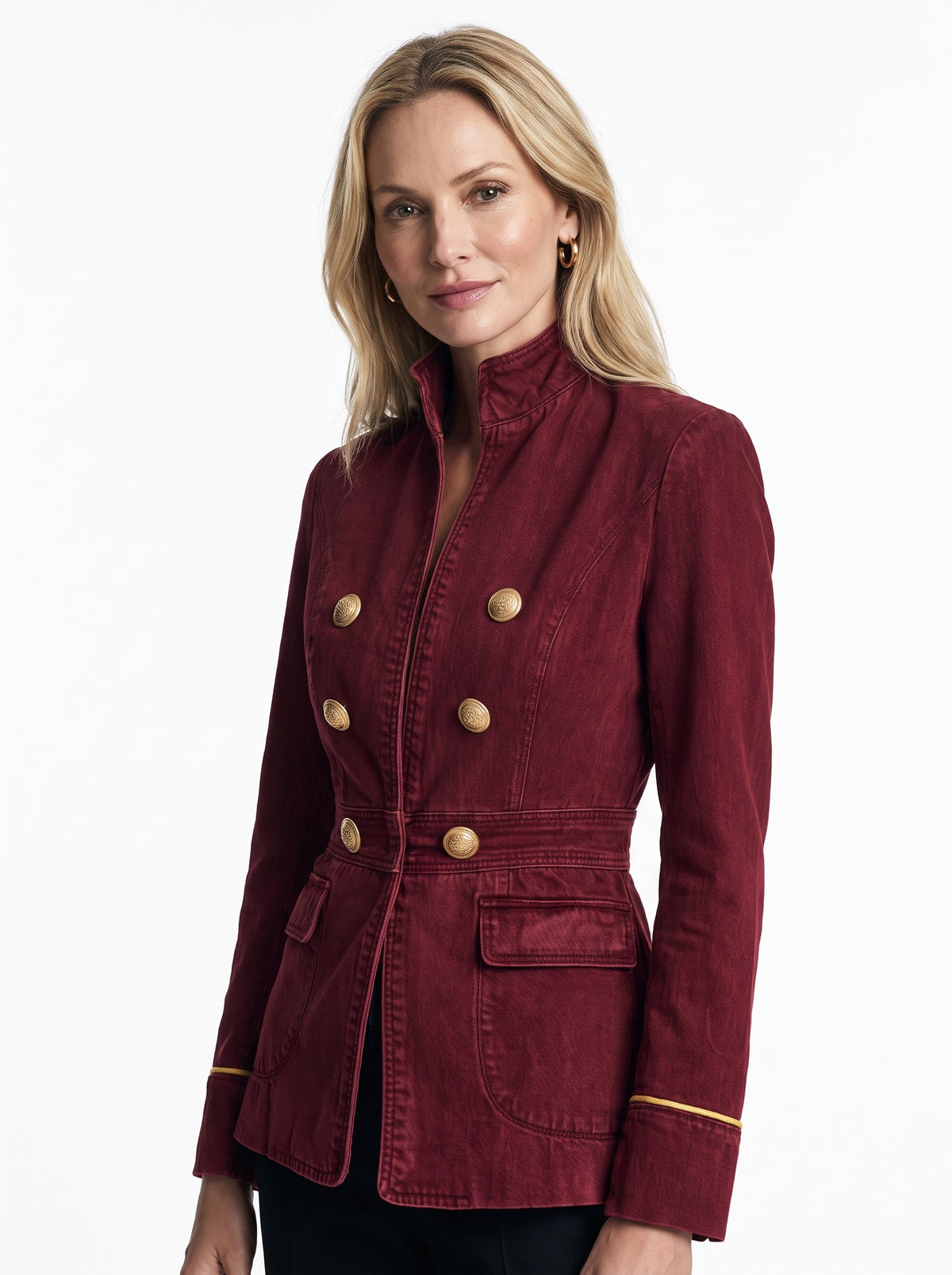 Bianca | Women's Burgundy Gold-Button Denim Jacket