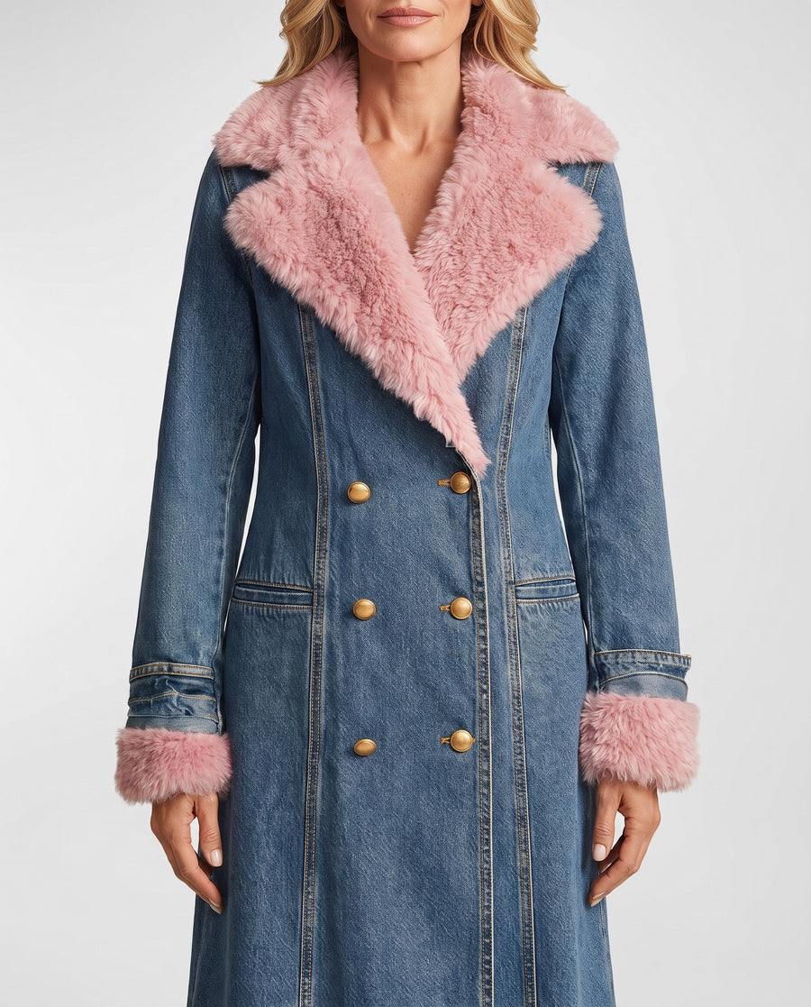 Regina | Women's Plush-Trim Longline Denim Trench Coat