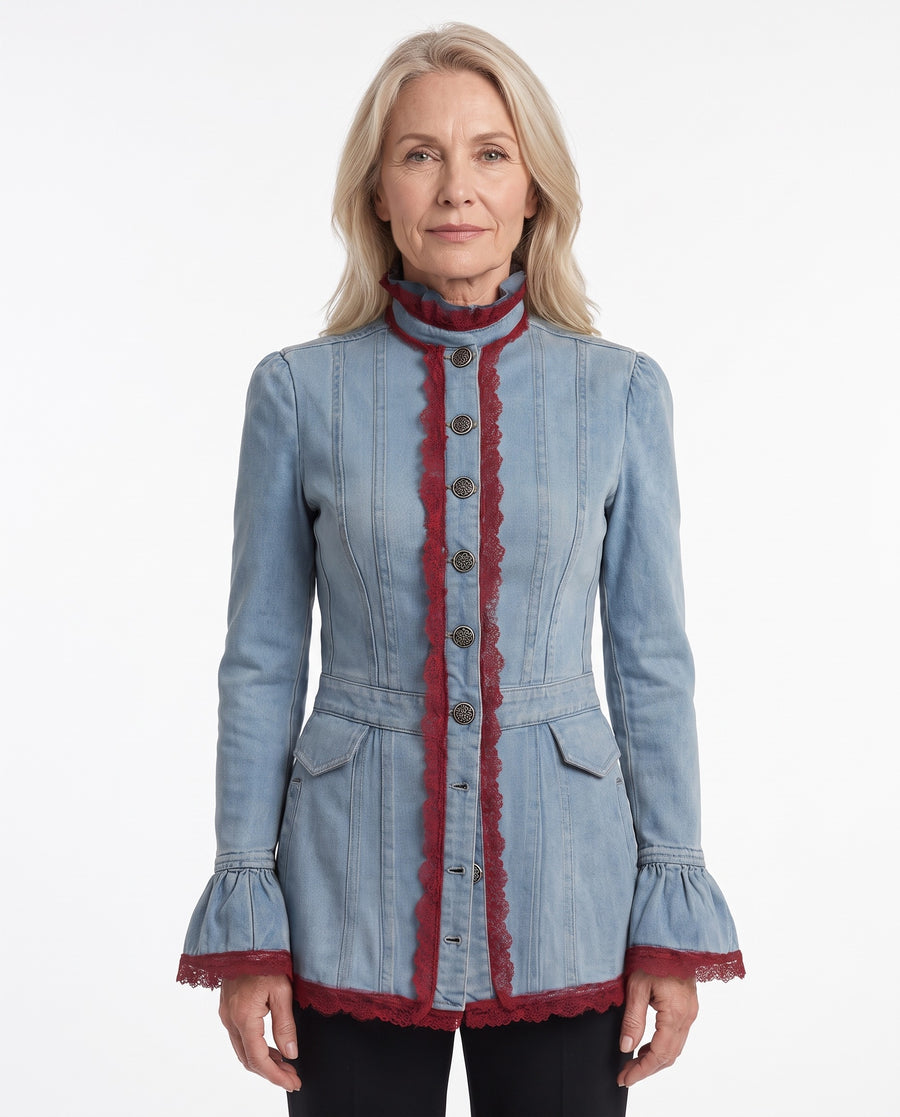 Gilda Women's Lace-Trim Denim Jacket worn by a model