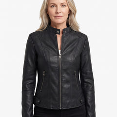 Ruth Women's Quilted-Shoulder Biker Jacket worn by a model, black faux-leather biker jacket
