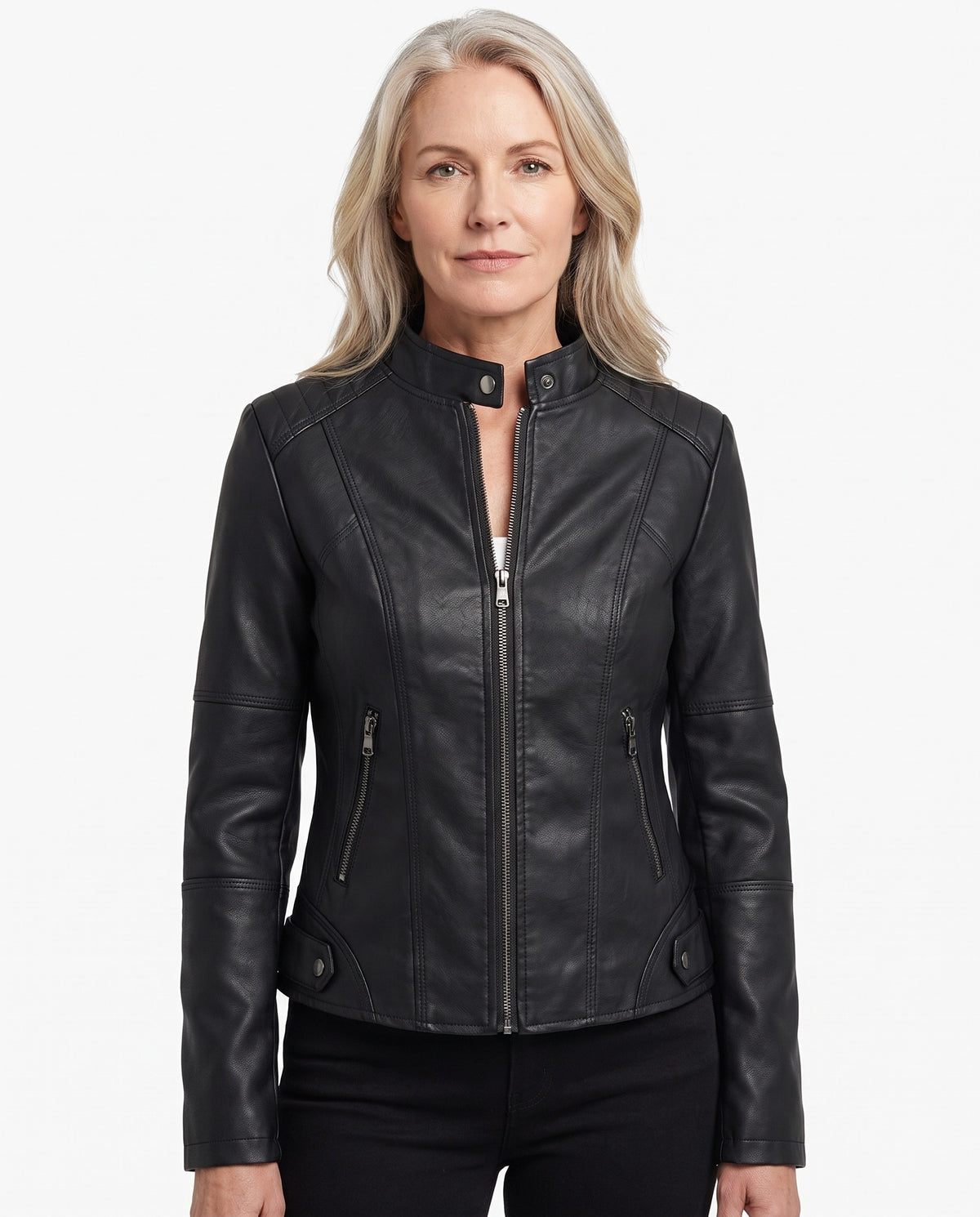 Ruth Women's Quilted-Shoulder Biker Jacket worn by a model, black faux-leather biker jacket