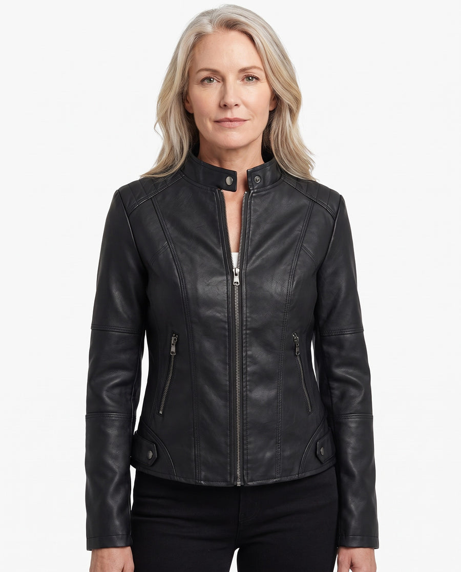 Ruth Women's Quilted-Shoulder Biker Jacket worn by a model, black faux-leather biker jacket