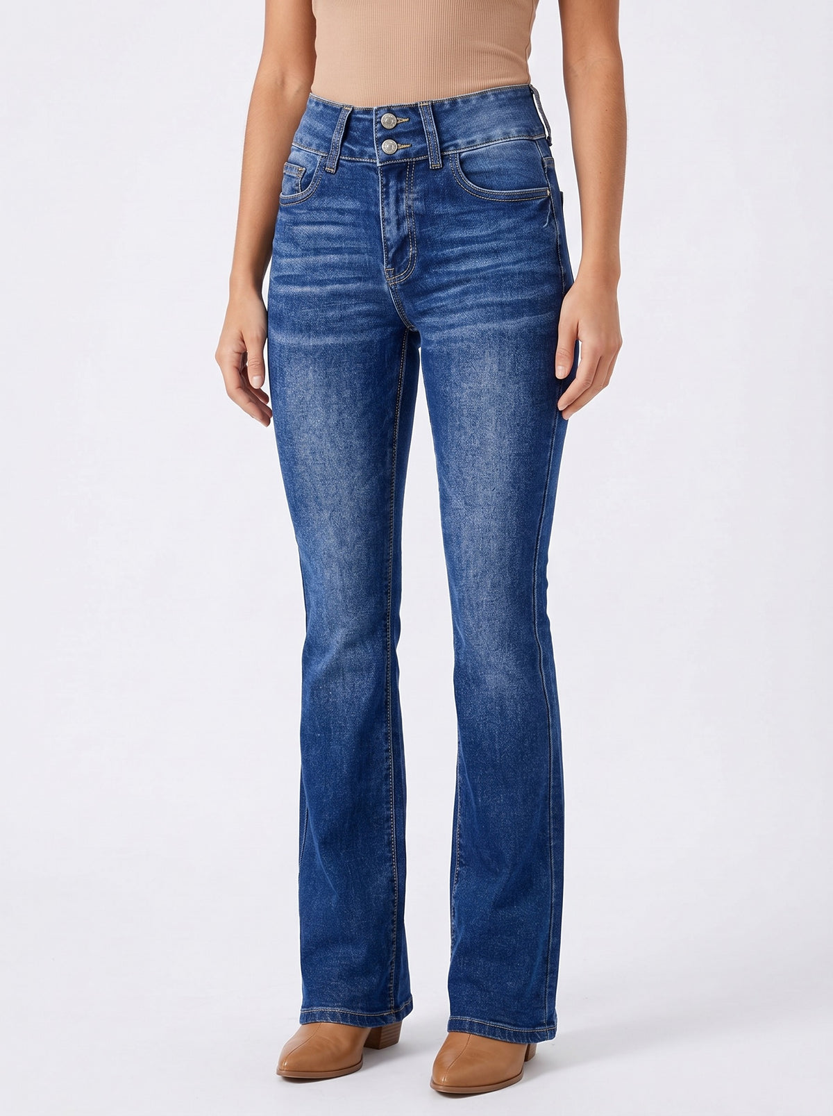 Sybil Women's High-Waisted Flared Jeans worn by model