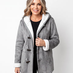 Martha Women's Hooded Fleece-Lined Longline Coat in gray, worn by a model, studio white background