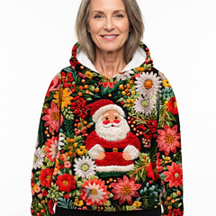 Camilla-Petra Women's Cropped Floral Hoodie with Santa Appliqué