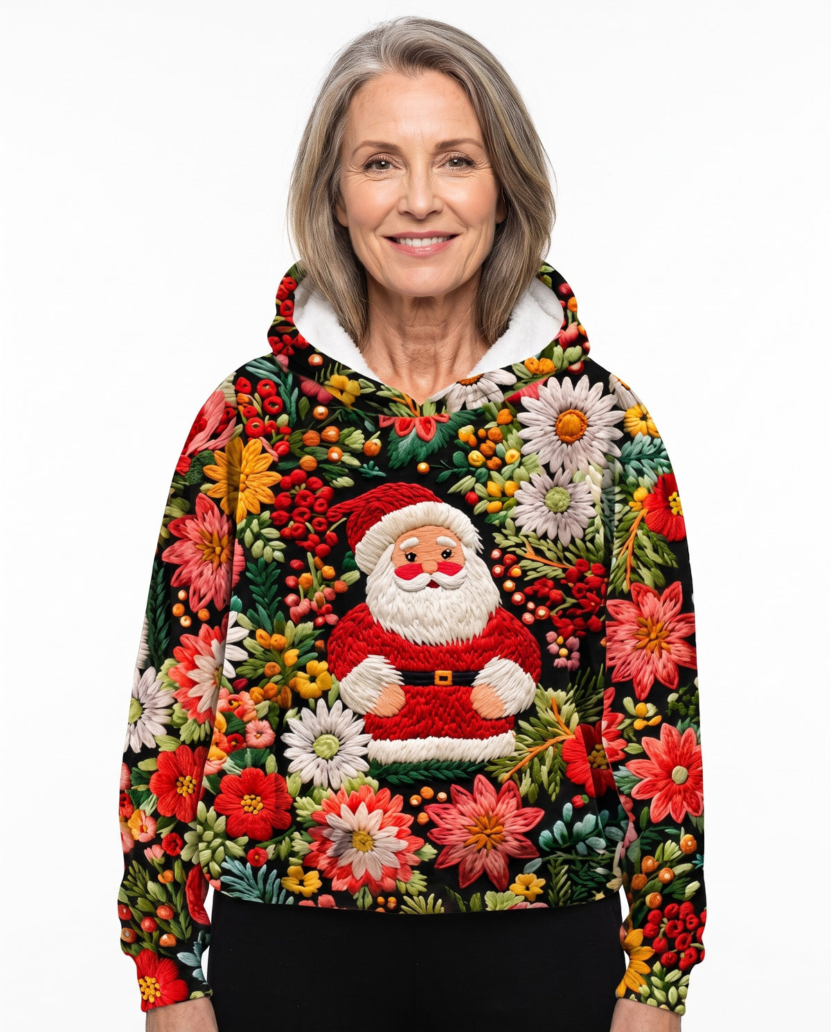 Camilla-Petra Women's Cropped Floral Hoodie with Santa Appliqué