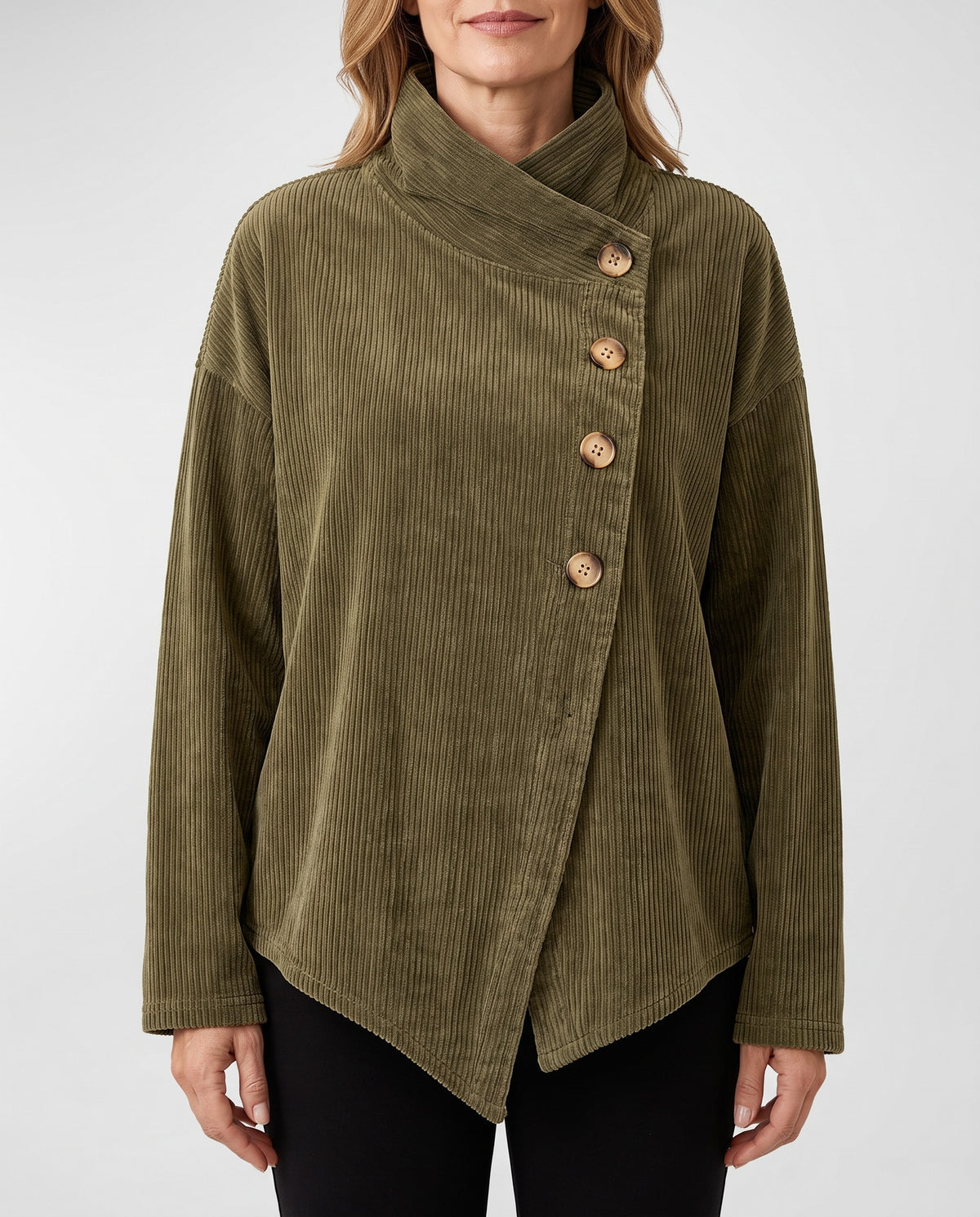 Wilhelmina-Regina | Women's Asymmetric Funnel Collar Corduroy Top