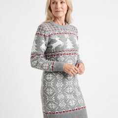 Clara-Wilhelmina Women's Fair Isle Reindeer Sweater Dress worn by a model