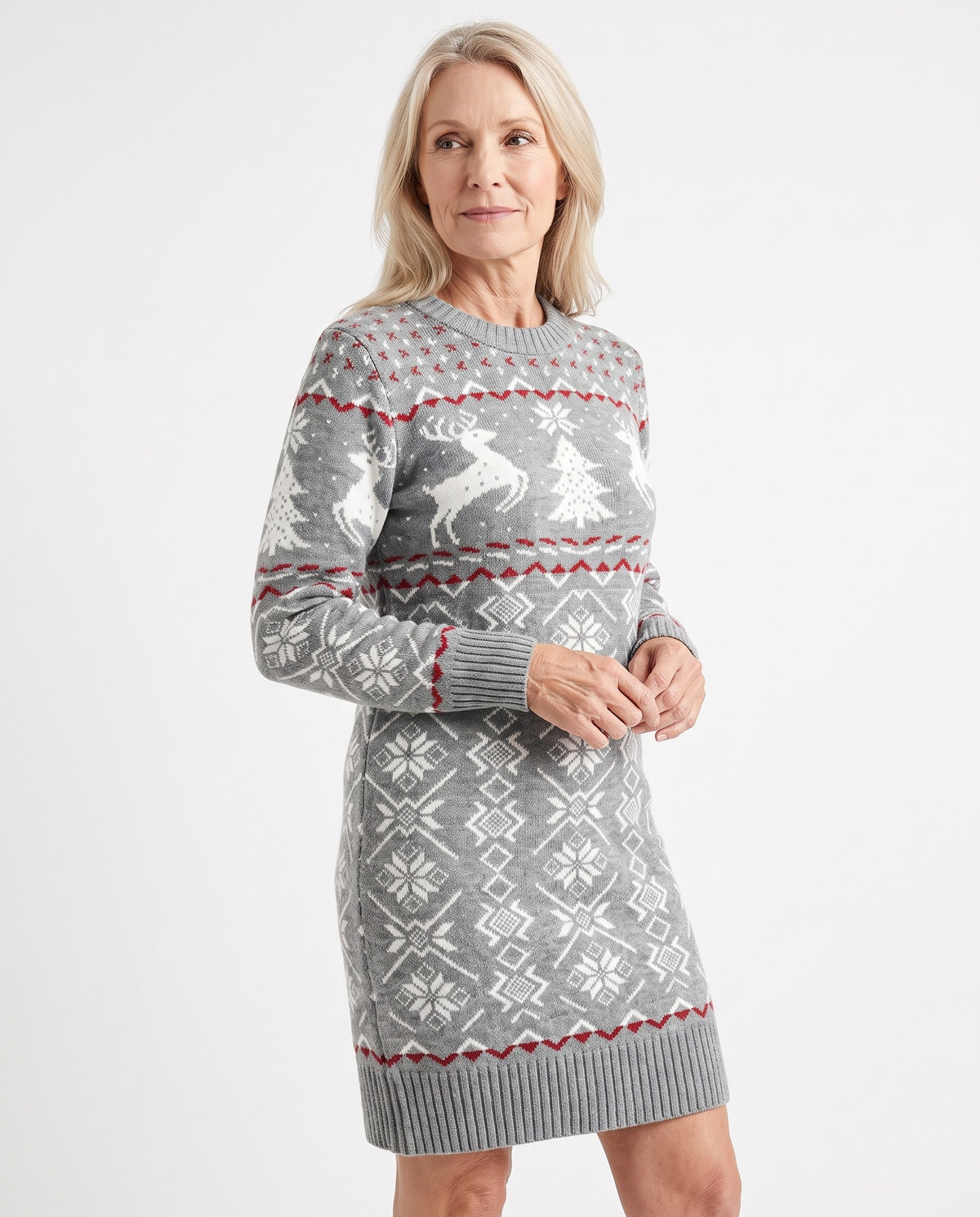 Clara-Wilhelmina Women's Fair Isle Reindeer Sweater Dress worn by a model