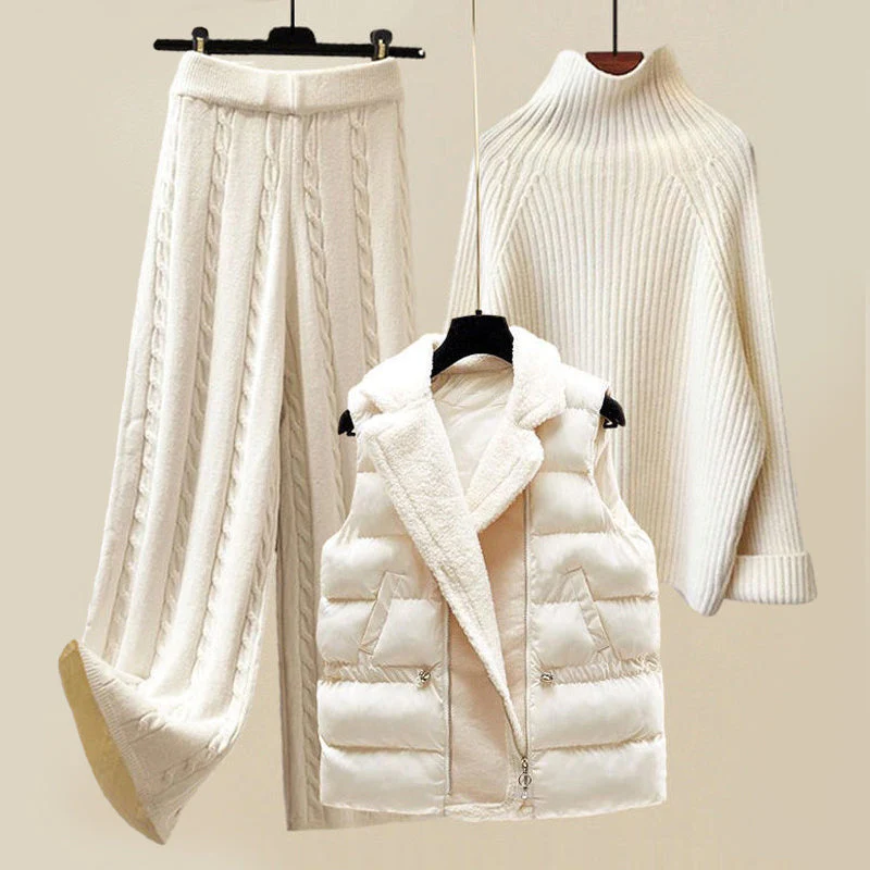 Hazel-Judith | Women's 3-Piece Knit Sweater & Puffer Vest Set