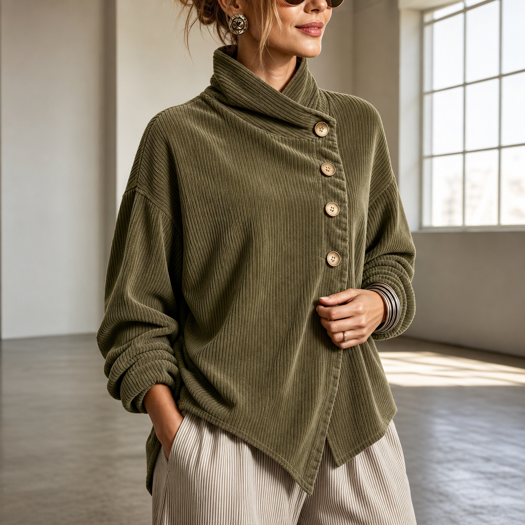Wilhelmina-Regina | Women's Asymmetric Funnel Collar Corduroy Top