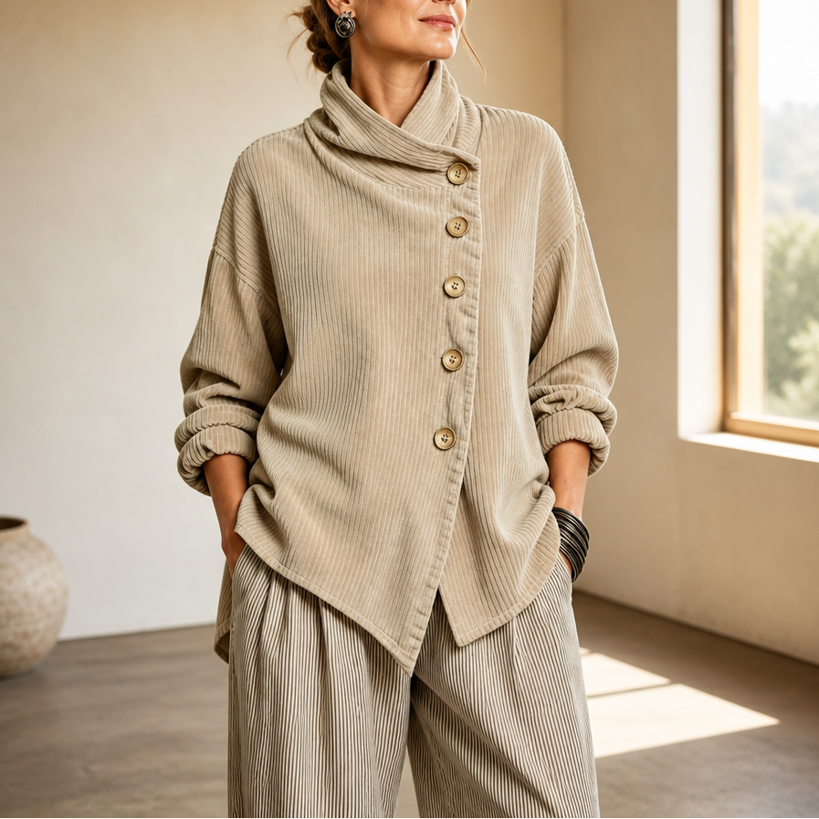 Wilhelmina-Regina | Women's Asymmetric Funnel Collar Corduroy Top