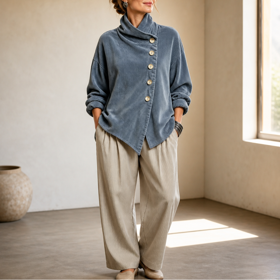 Wilhelmina-Regina | Women's Asymmetric Funnel Collar Corduroy Top