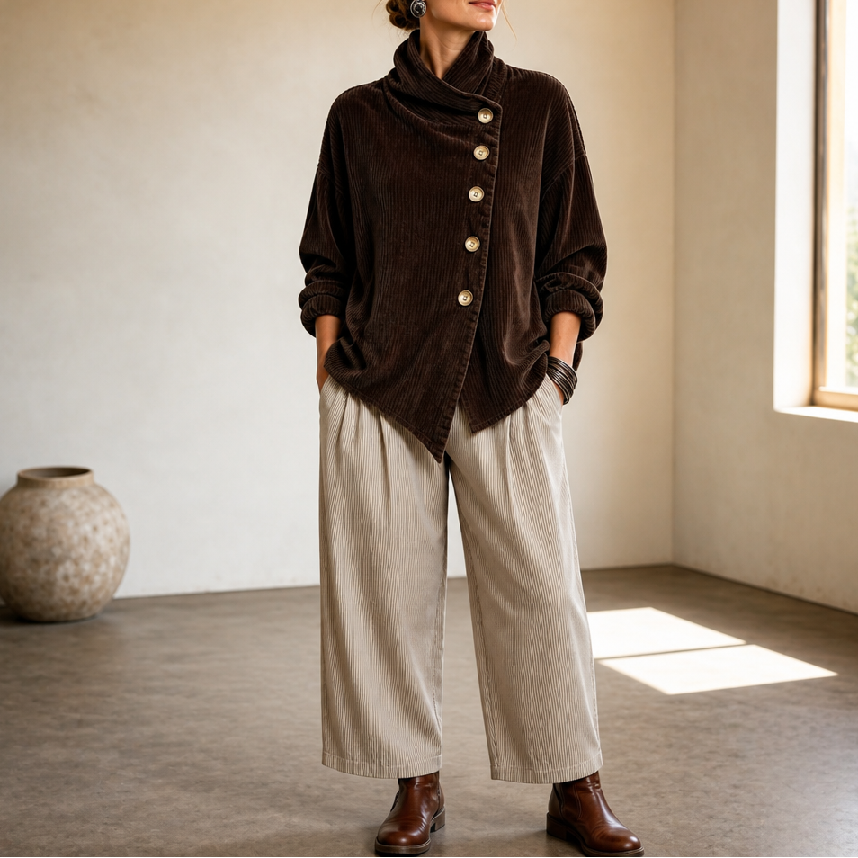 Wilhelmina-Regina | Women's Asymmetric Funnel Collar Corduroy Top