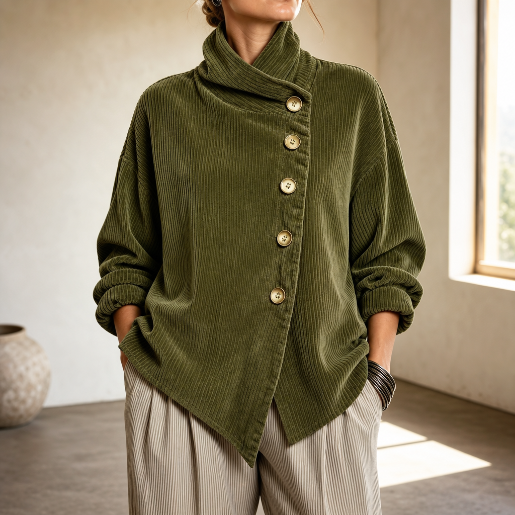 Wilhelmina-Regina | Women's Asymmetric Funnel Collar Corduroy Top