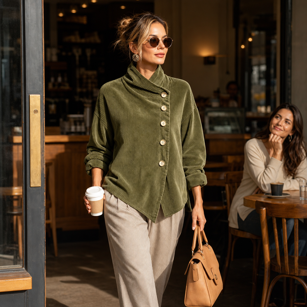 Wilhelmina-Regina | Women's Asymmetric Funnel Collar Corduroy Top