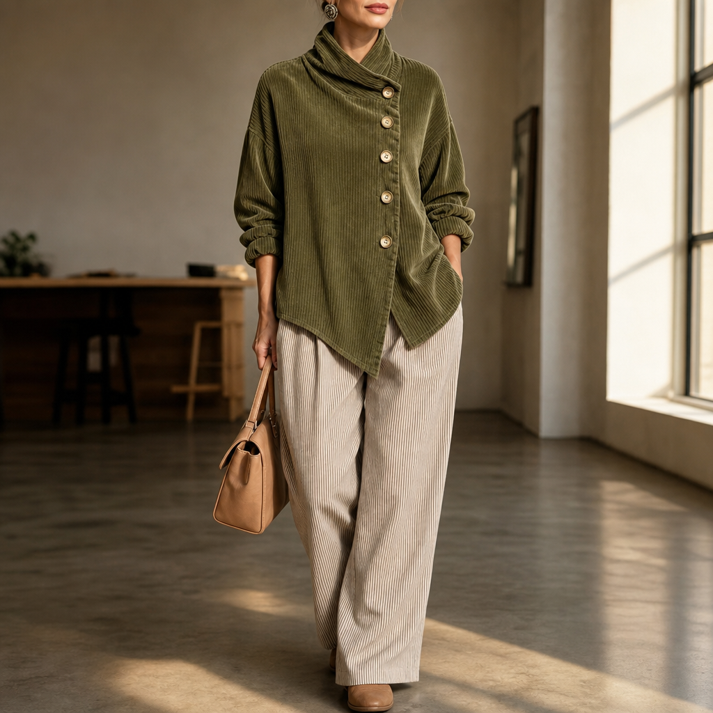 Wilhelmina-Regina | Women's Asymmetric Funnel Collar Corduroy Top