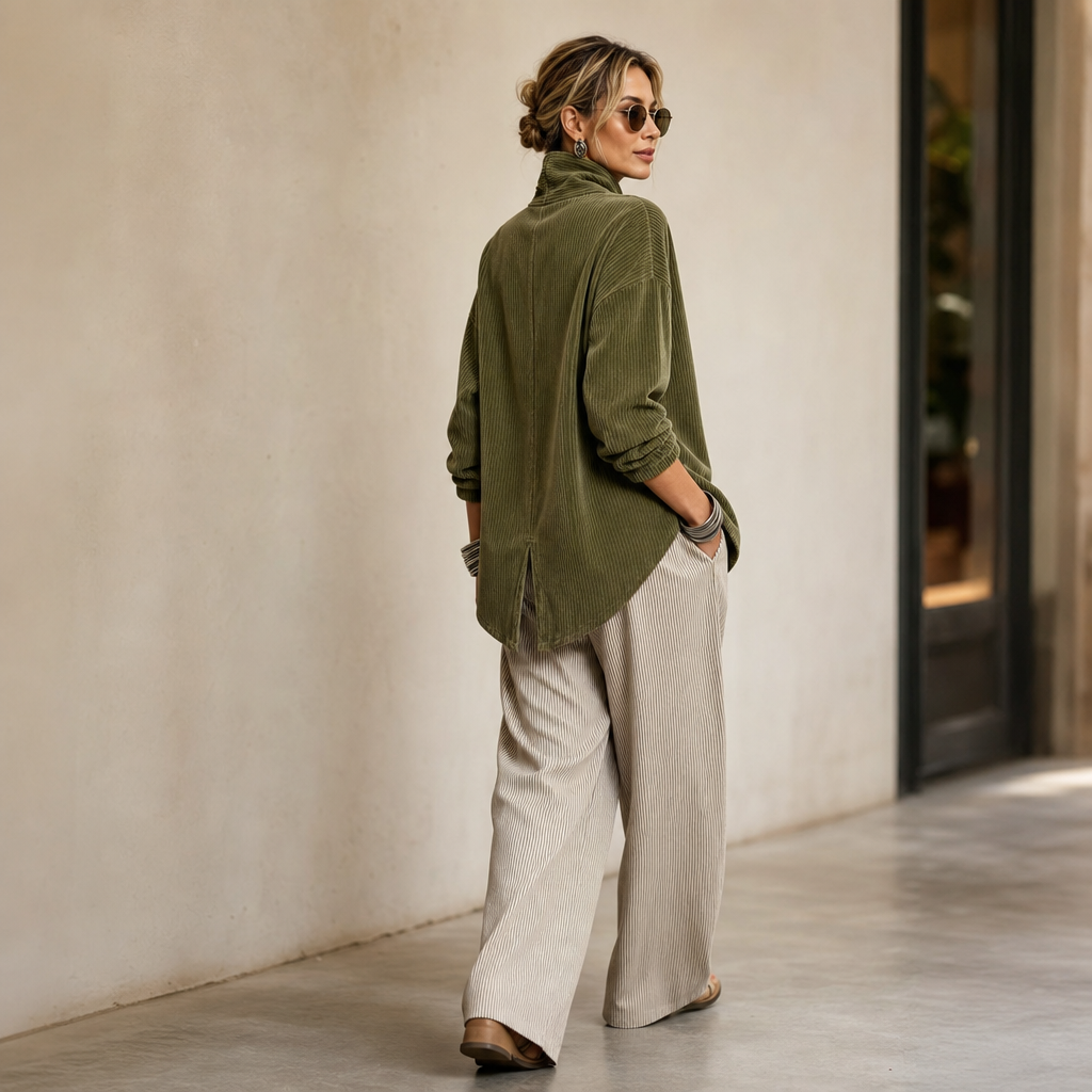 Wilhelmina-Regina | Women's Asymmetric Funnel Collar Corduroy Top